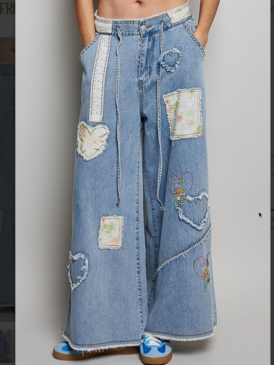POL Denim - POL Light Wash Denim Stretchy Waist Floral heart Patchwork Wide leg Denim Jeans